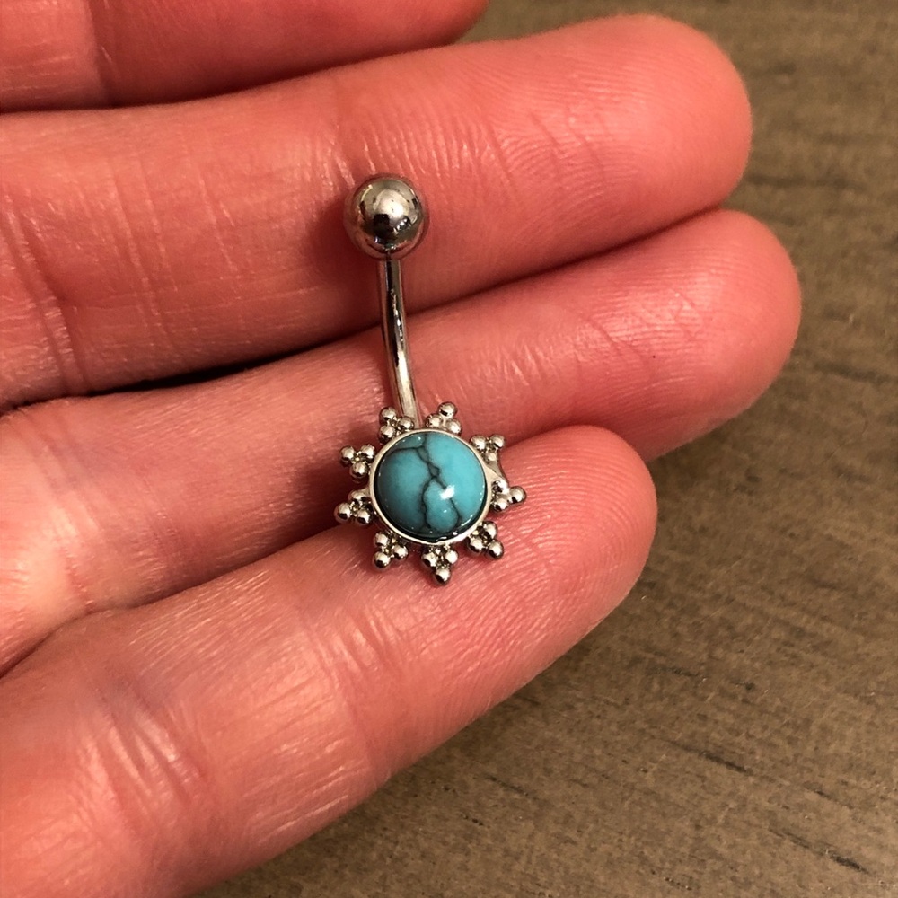 Silver Tone and Faux Turquoise Sunburst Belly Ring